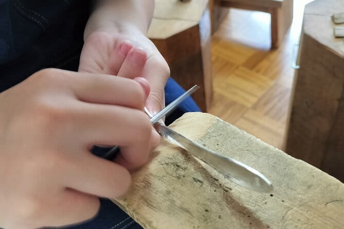 Pure Silver Spoon Making Workshop in Kyoto - Step two: hammer the sheet into a spoon